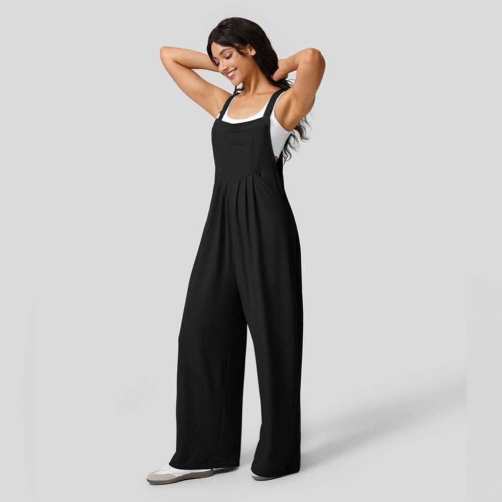 Halara Black Adjustable Strap Button Multiple Pockets Waffle Overalls - Picture 6 of 10